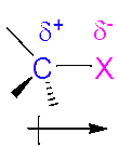 Ochem Tutor diagram showing partial positive charge on carbon and partial negative charge on halogen in a C-X bond