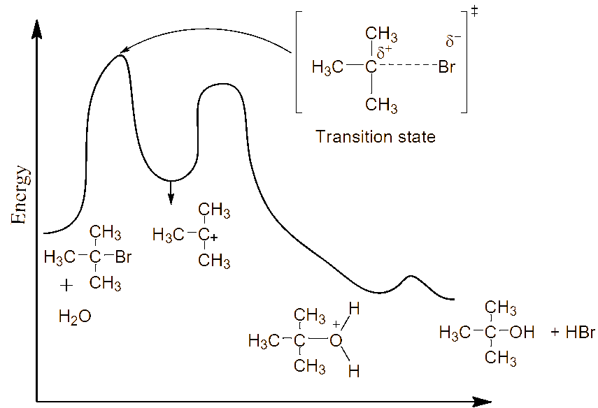 Ochem Tutor potential energy diagram for the SN1 reaction showing carbocation intermediate and transition states